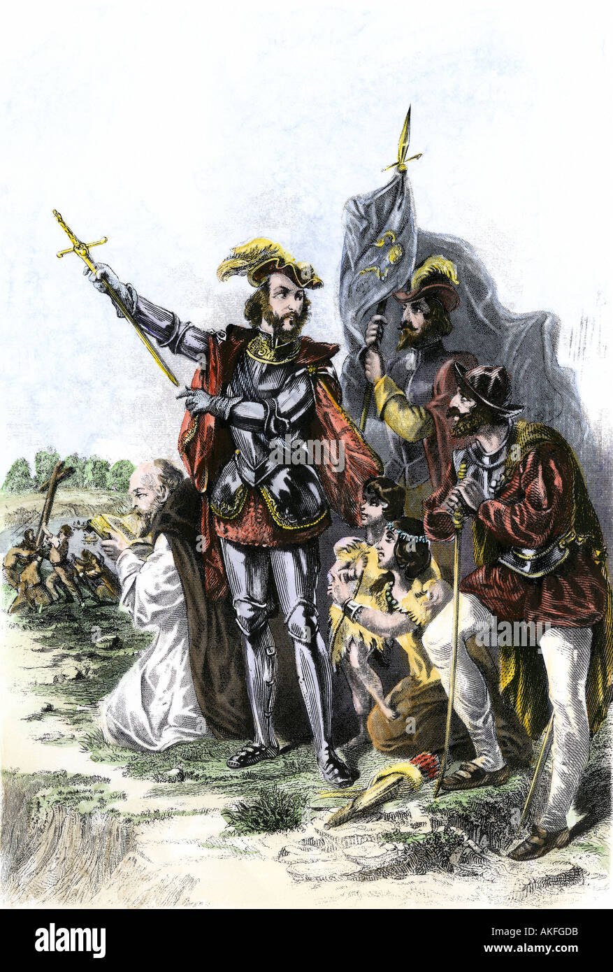 Esploratore spagnolo Hernando De Soto alla scoperta del fiume Mississippi 1540. Colorate a mano incisione in acciaio Foto Stock