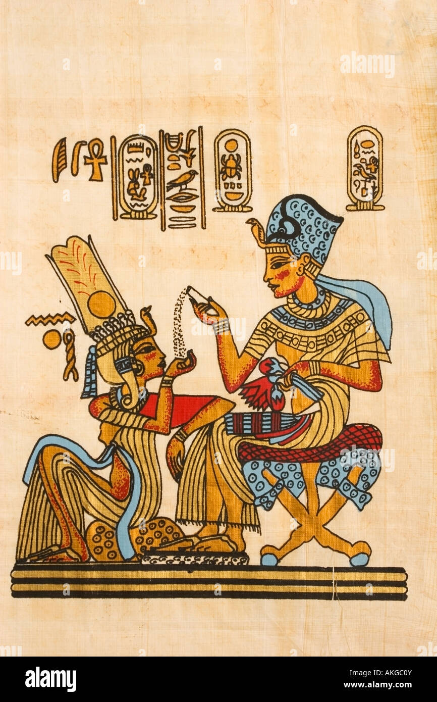 Scena papiro dal santuario dorato di Tutankhamon, che mostra il faraone ragazzo e la sua regina, Ankhasanamun. l'immagine mostra una scena di matrimonio, Foto Stock
