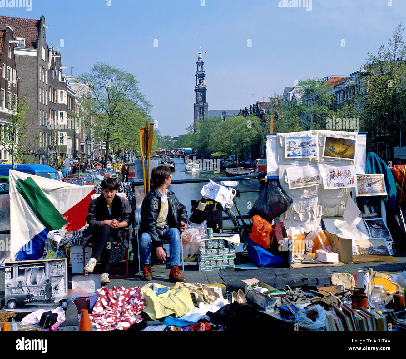 Fleamarket al canale Prinsengracht città di Amsterdam Olanda solo uso editoriale Foto Stock