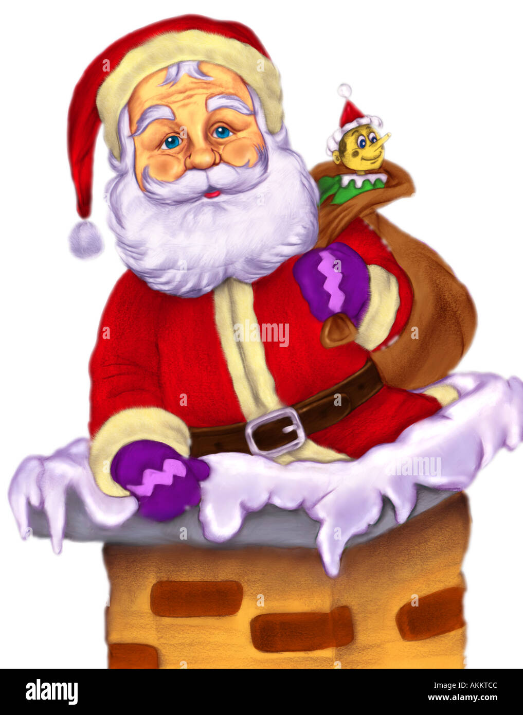 Illustrazione di natale di Santa scendendo da un camino. Foto Stock