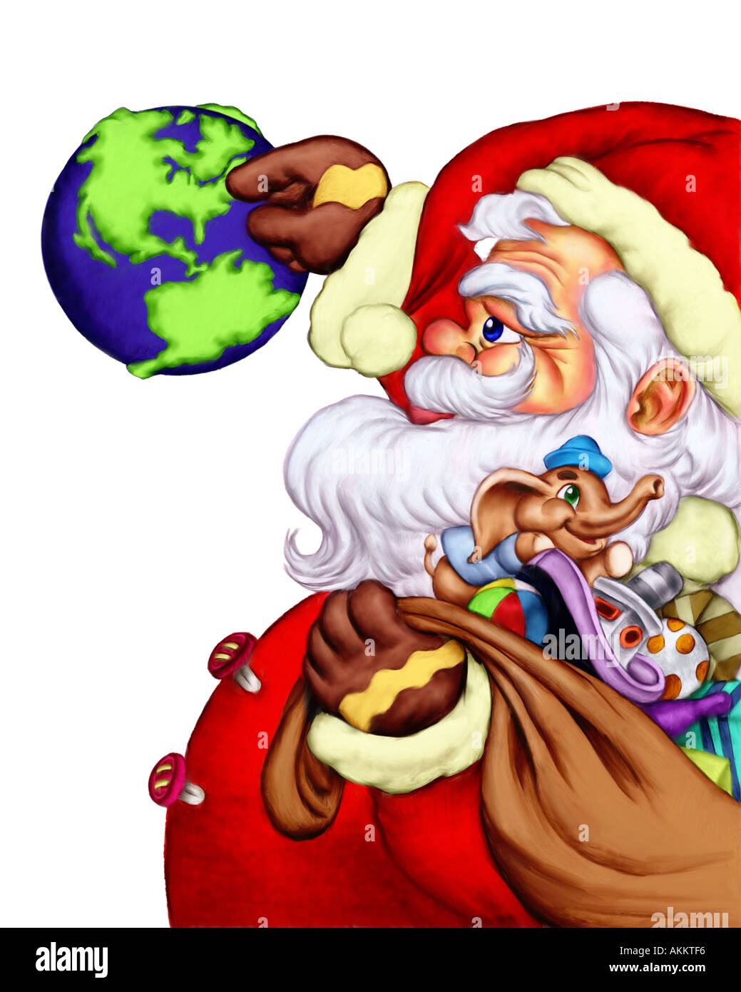Illustrazione di natale di Santa tenendo un sacco di giocattoli, guardando alla terra. Foto Stock