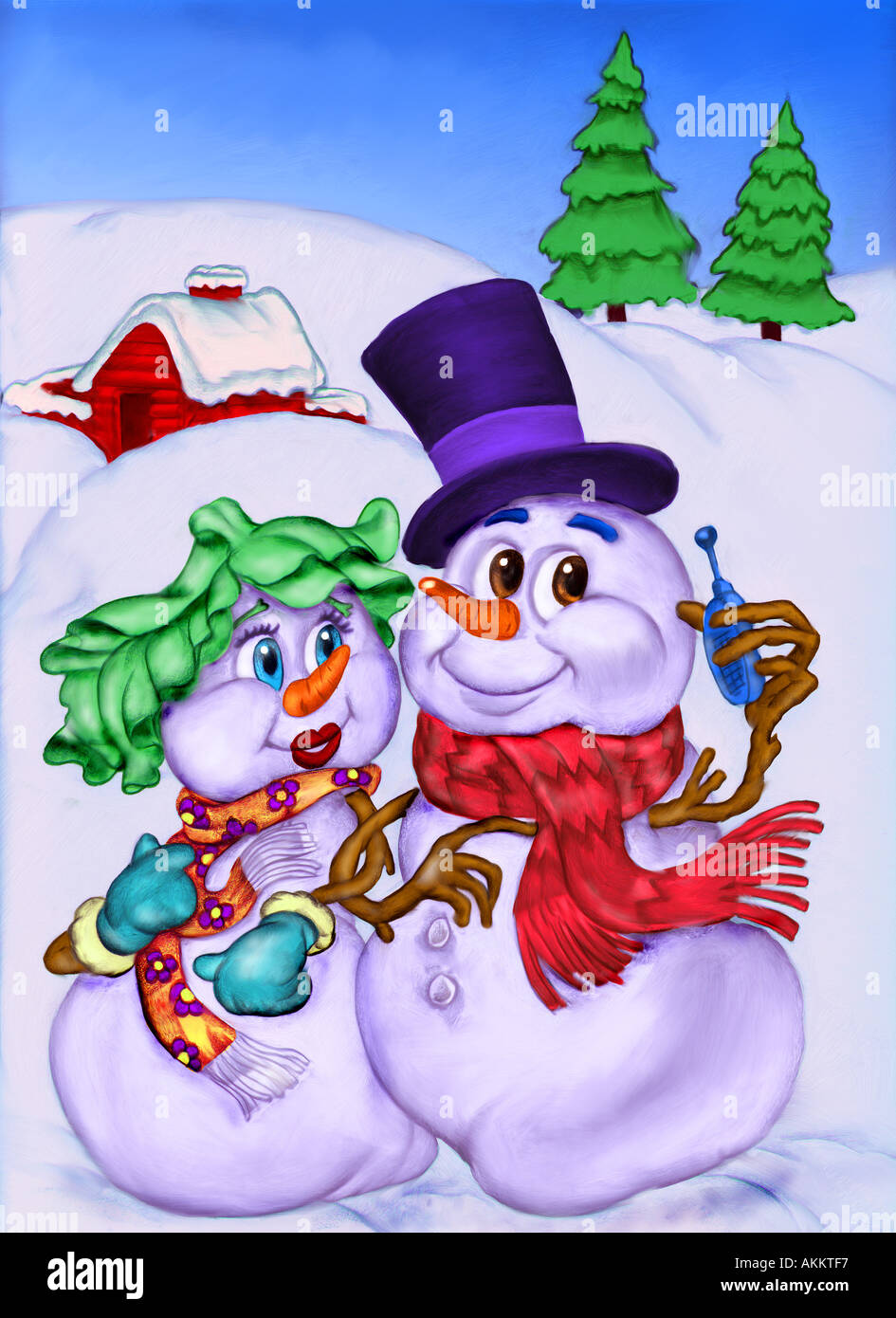 Illustrazione di Natale di due pupazzi di neve in una mongolfiera. Foto Stock