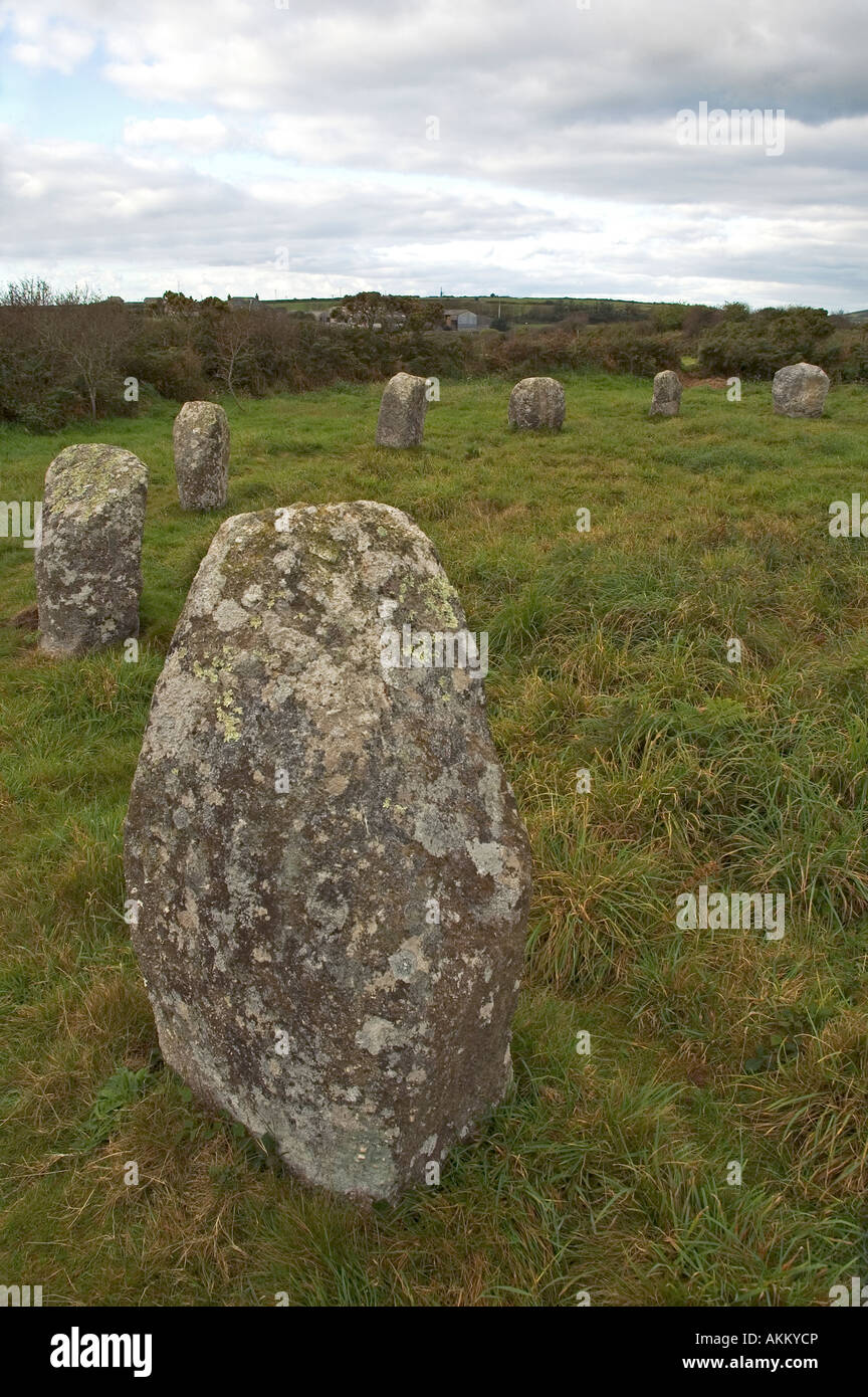 Boscawen Onu cerchio di pietra vicino Madron in Cornwall, Regno Unito Foto Stock