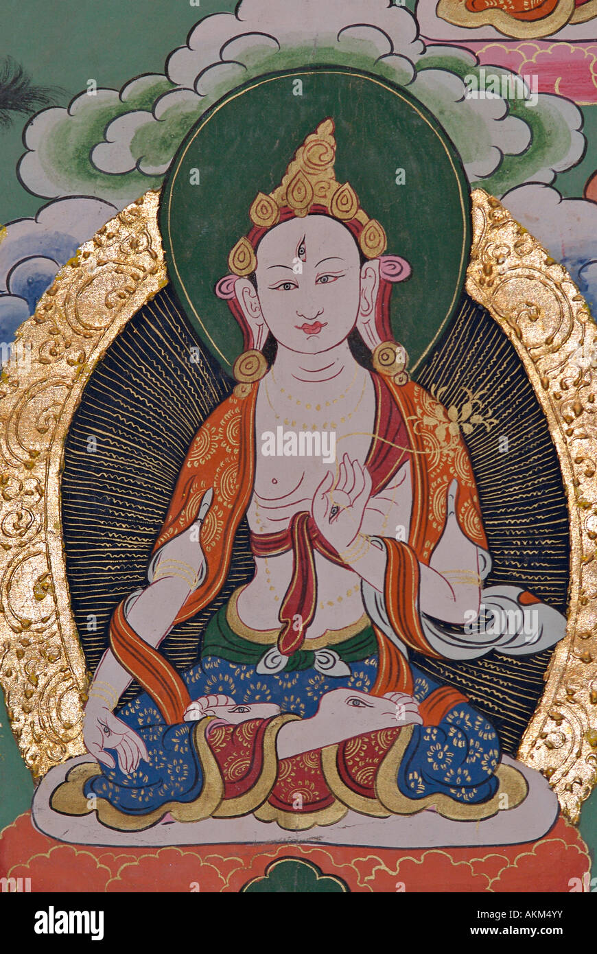 Dettaglio di un dipinto Thanka tibetani iconografia buddista del Tibet Foto Stock
