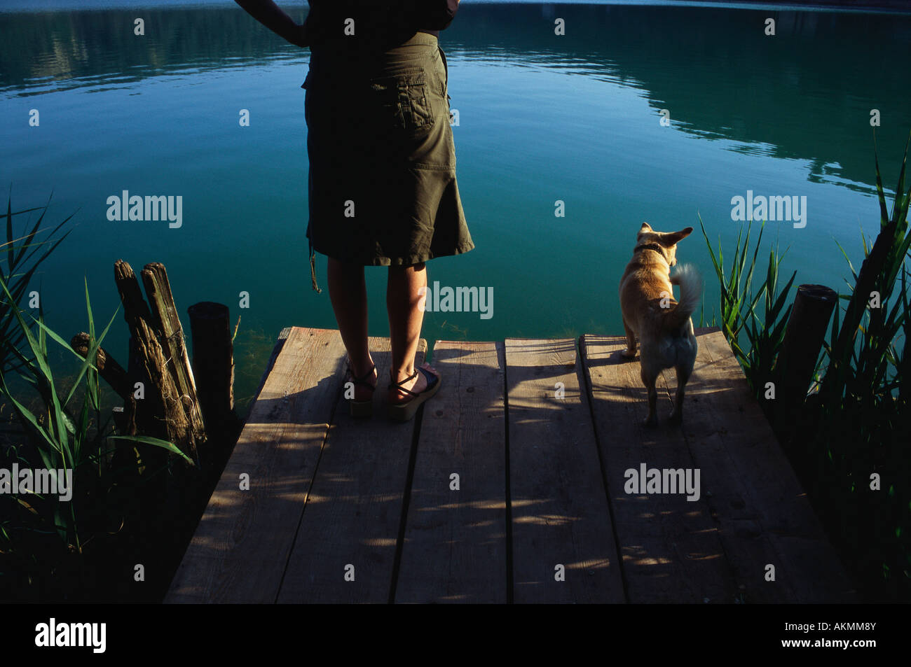 Cuma Italia giovane donna e piccolo cane in piedi sul bordo del Lago d'Averno Foto Stock