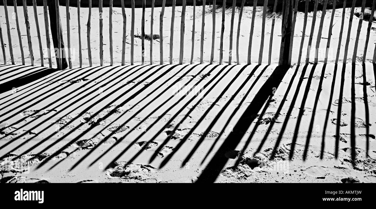 Recinzione di colata ombre profonde sulla spiaggia di sabbia in alta chiave pozzi mono accanto il mare NORFOLK REGNO UNITO Foto Stock