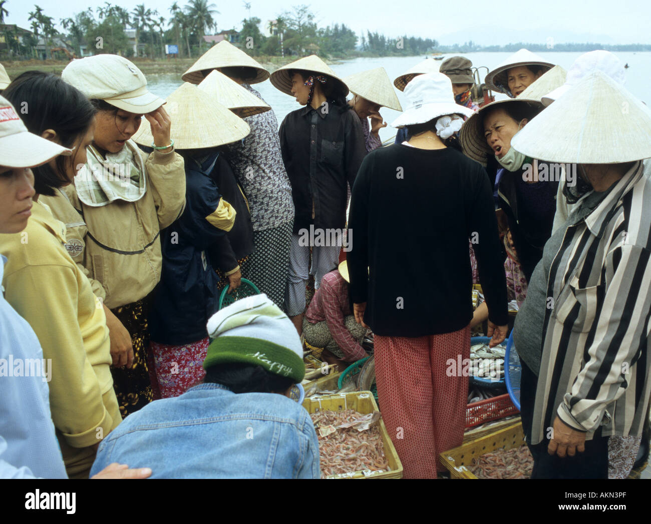 Gli acquirenti e i venditori che litigano per il fermo sul molo di Bach Dang St mercato del pesce, Hoi An, Viet Nam Foto Stock