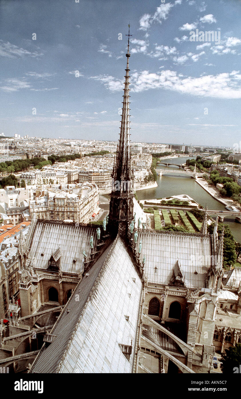 TETTI DI PARIGI, Francia, Panoramica della città da 'Cattedrale di Notre Dame' con guglia che guarda verso est 'Senna' paesaggio urbano le guglie della cattedrale (prima del fuoco) Foto Stock