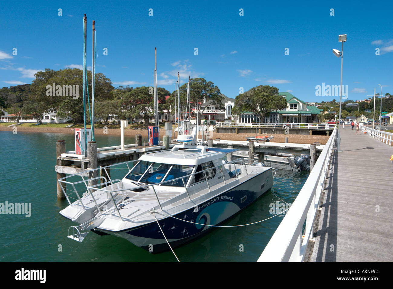 Barca Dock presso la città di Russell, Baia delle Isole, Northland e North Island, Nuova Zelanda Foto Stock