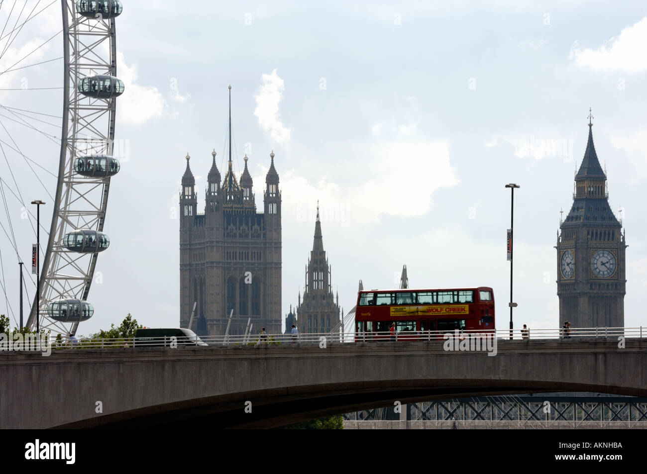 Waterloo Bridge London Eye e le case del Parlamento Londra Inghilterra REGNO UNITO Foto Stock