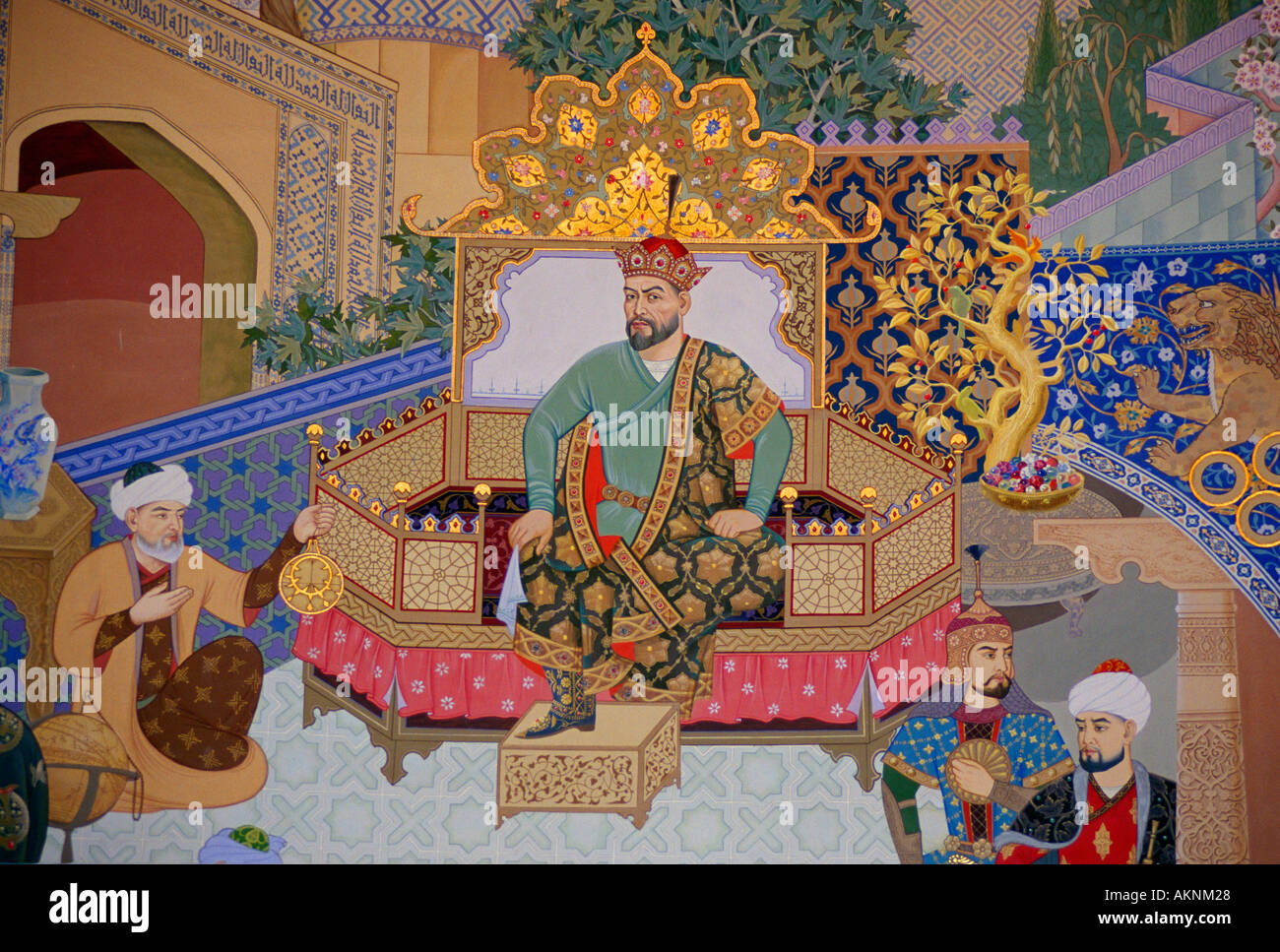 Murale di Tamerlane noto anche come Amir Timur o Timur Grande al Museo Tamerlane Uzbekistan Foto Stock