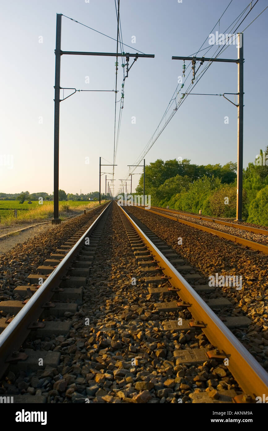 Via treno e a cavi sospesi al passaggio a livello vicino stazione Barsac Regione Bordeaux Francia Foto Stock