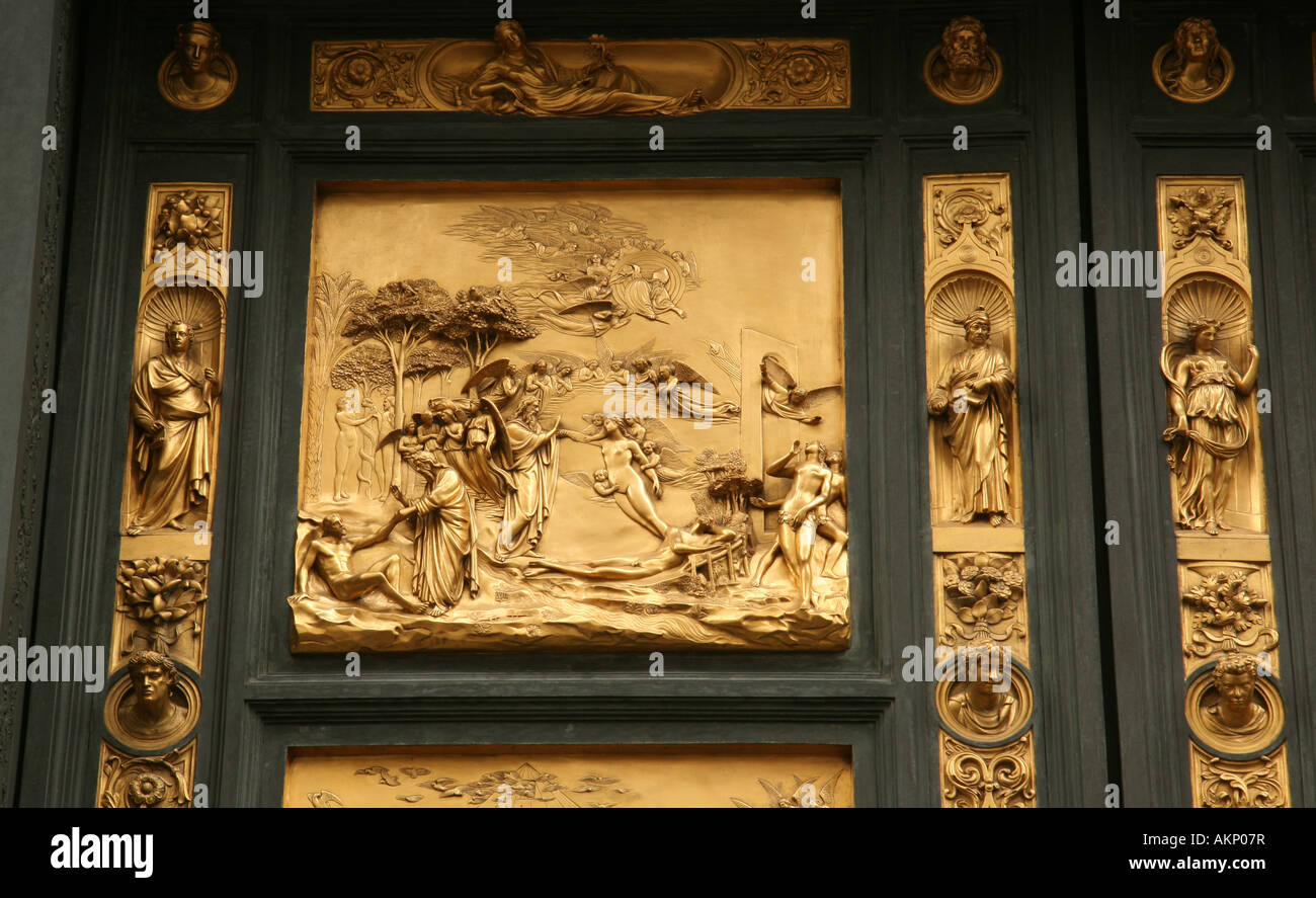 "Porte del Paradiso" o "Porte del Paradiso", porte Est, di Lorenzo Ghiberti, la Genesi pannello - Creazione di Adamo ed Eva, "porte del paradiso" o "Gat Foto Stock