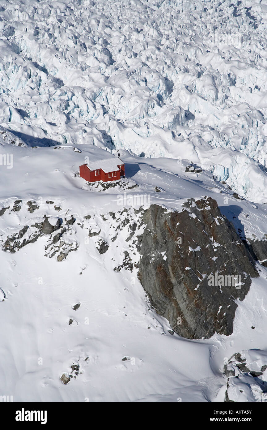 Almer Hut al di sopra del Ghiacciaio Franz Josef costa ovest di Isola del Sud della Nuova Zelanda antenna Foto Stock