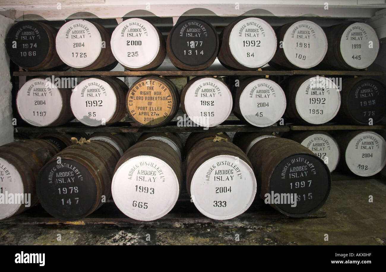 Tesoro della distilleria Ardbeg, isola di Islay, Scozia. Botti vale più di un milione di sterline. Foto Stock