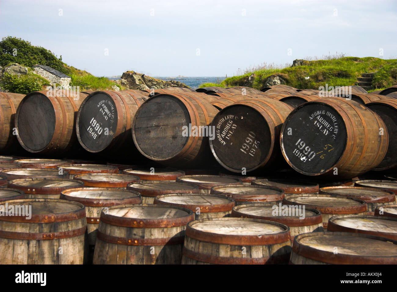 Vuoto utilizzate botti in attesa per il ricondizionamento. Ardbeg distillery, isola di Islay, Scozia. Foto Stock