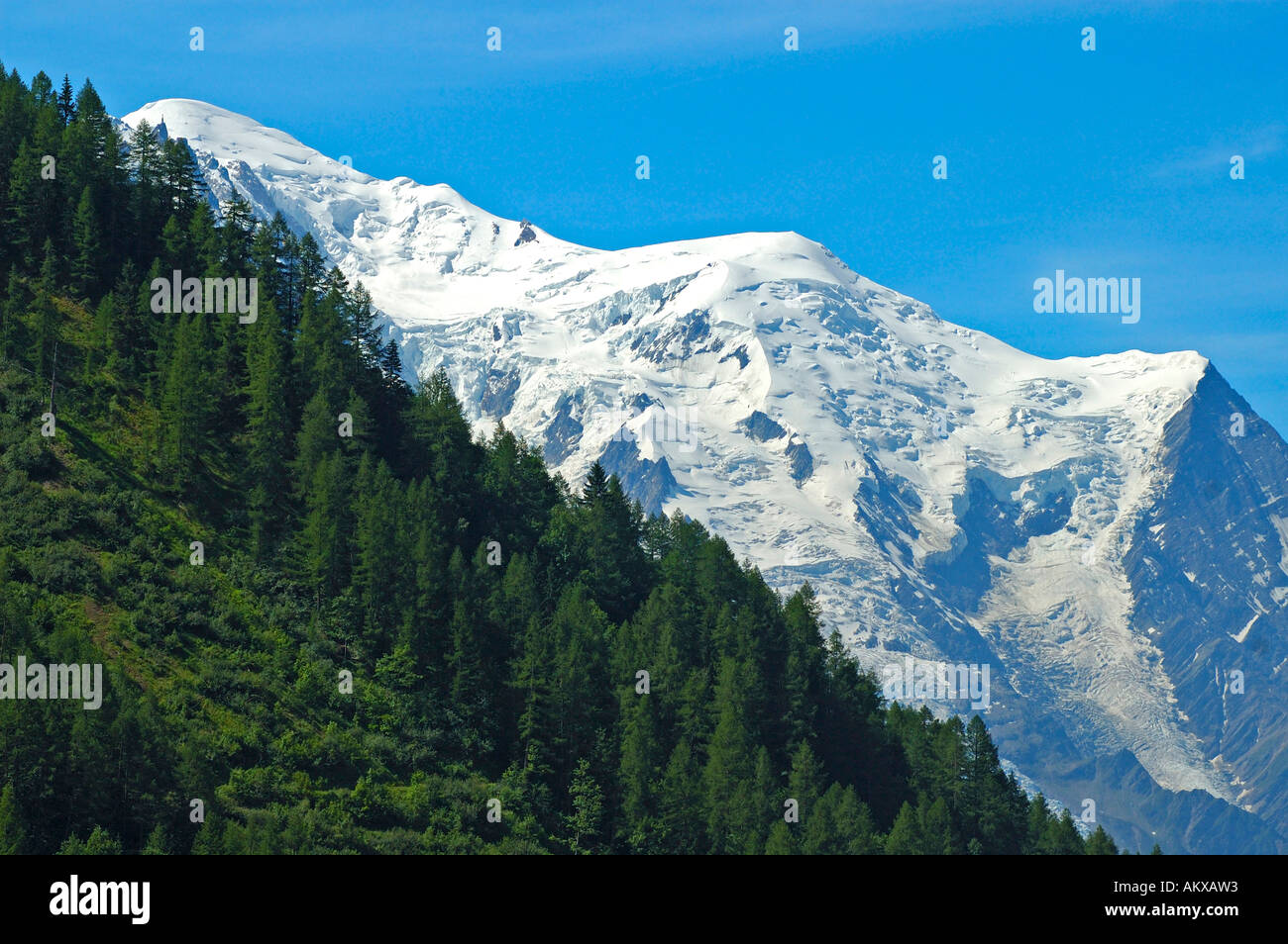 Massiccio del Monte Bianco, f.l.t.r. Mont Blanc, Dome du Gouter, Aiguille du Gouter, Alpi savoie, Haute Savoie, Francia Foto Stock