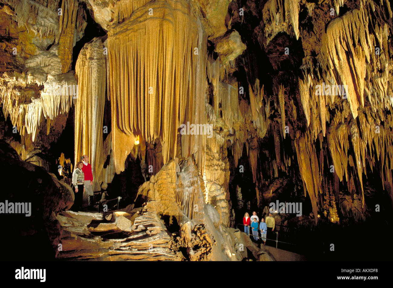Ai visitatori di ammirare i modelli intricati di enormi stalattiti e che si estende dal tetto e pavimento, Luray Caverns Foto Stock Ai visitatori di ammirare i modelli intricati di enormi stalattiti e che si estende dal tetto e pavimento, Luray Caverns Foto Stock