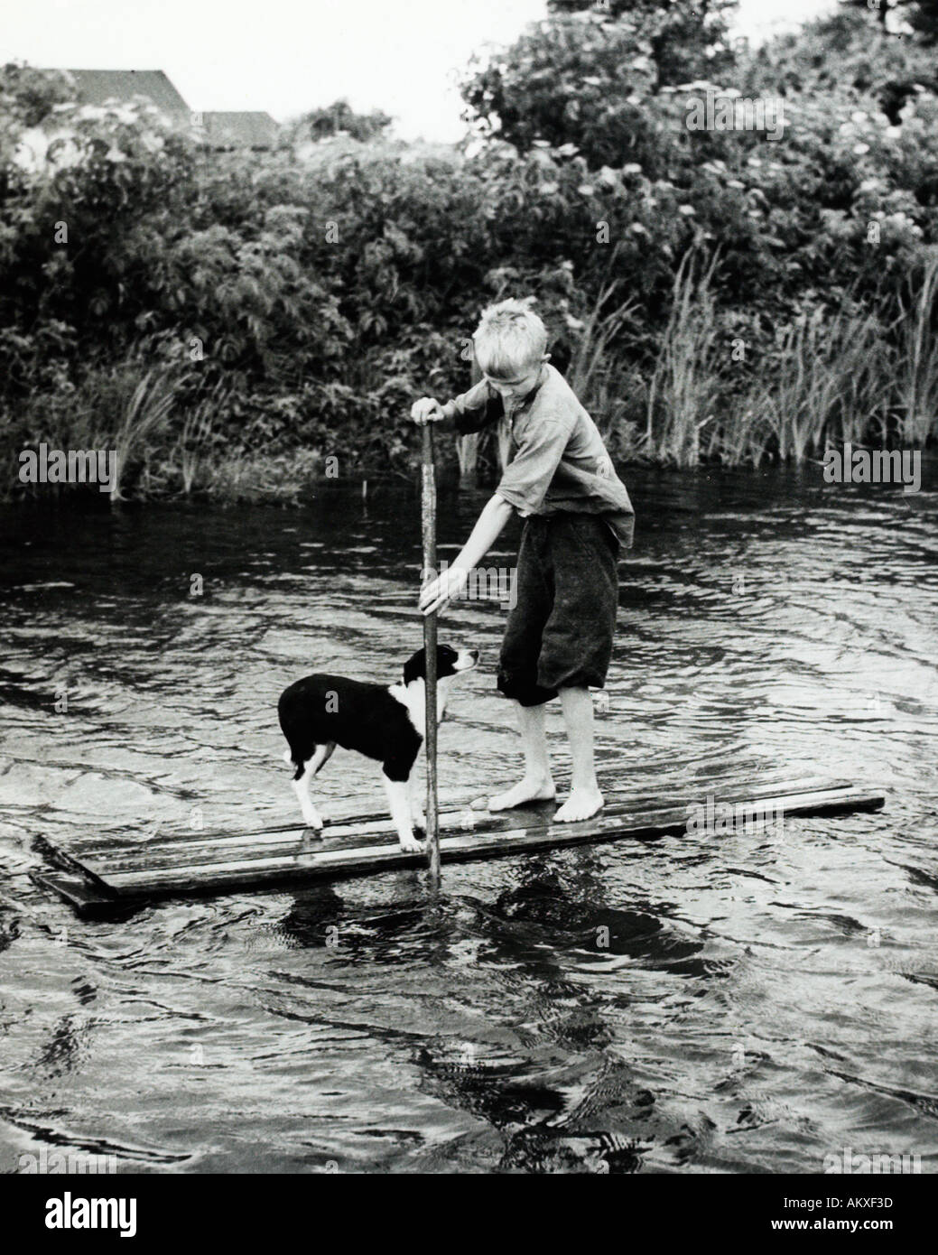Un ragazzo e il suo cane rafting su stagno 1950 s Foto Stock