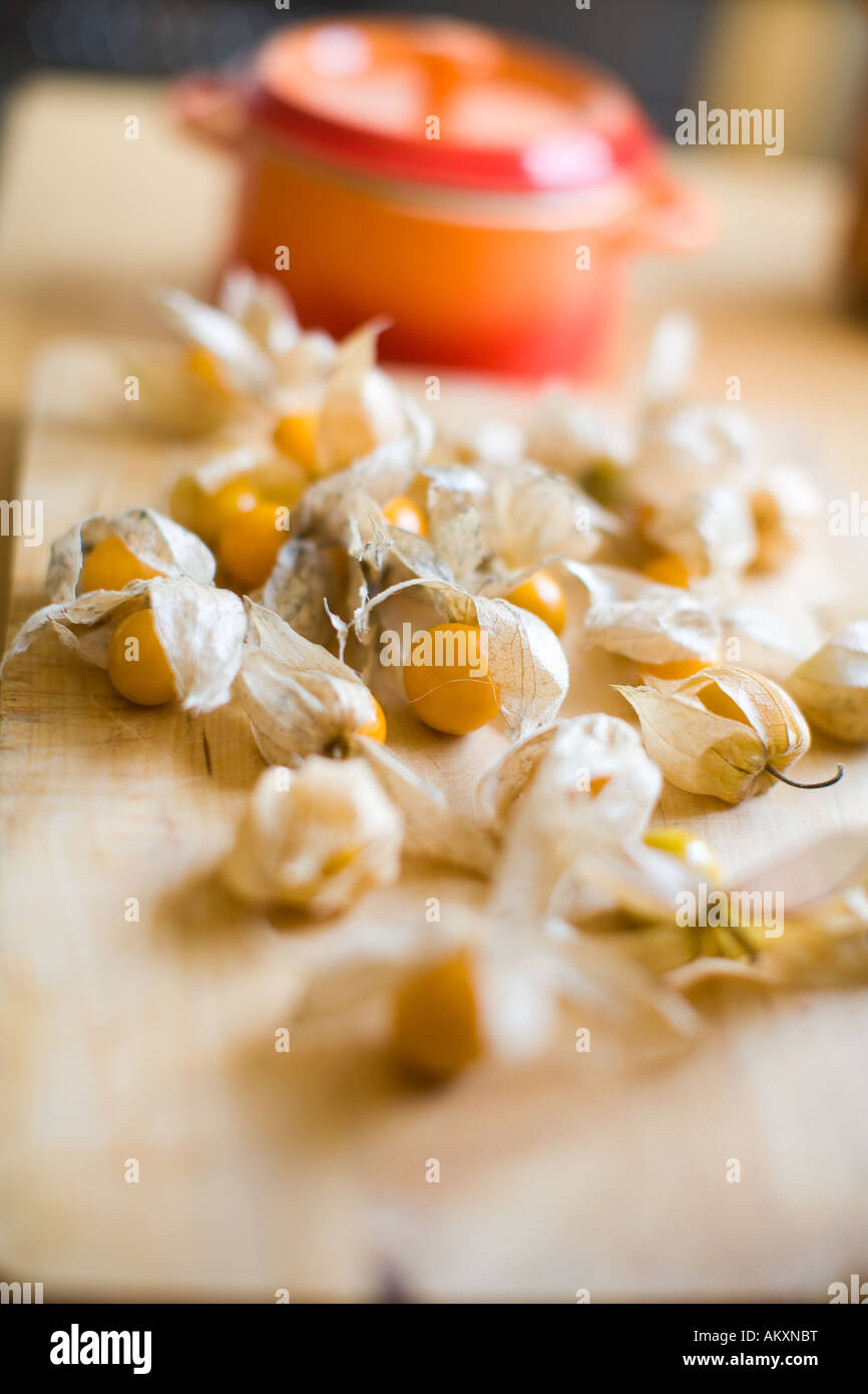Physalis peruviana, ribes del capo su una scheda Foto Stock