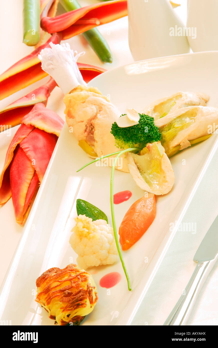 Piatto di pollo, Nouvelle Cuisine Foto Stock