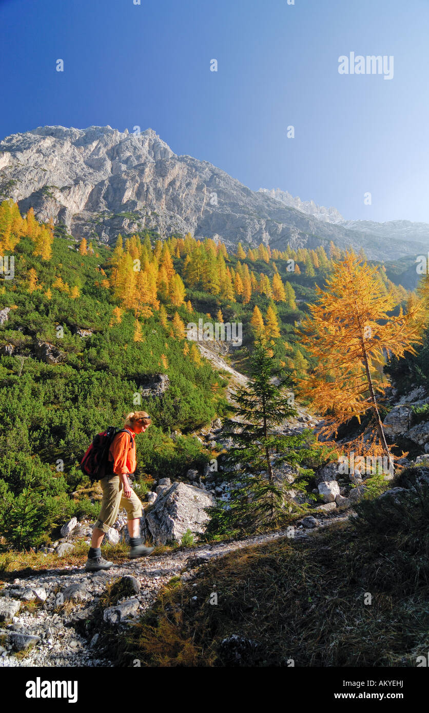 Woman Hiking nella parte anteriore del Elferkofel, Fischlein Valley, Sextener Dolomiti, Alto Adige, Italia Foto Stock