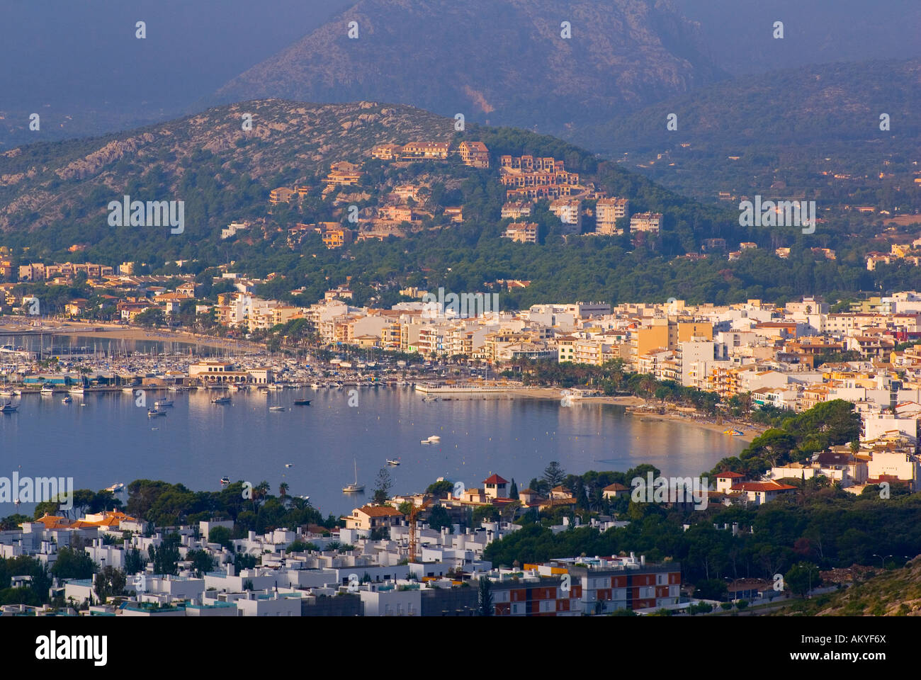 Vista aerea del Port de Pollenca, Nord Maiorca, Baleari, Mediterraneo, Spagna, Europa Foto Stock