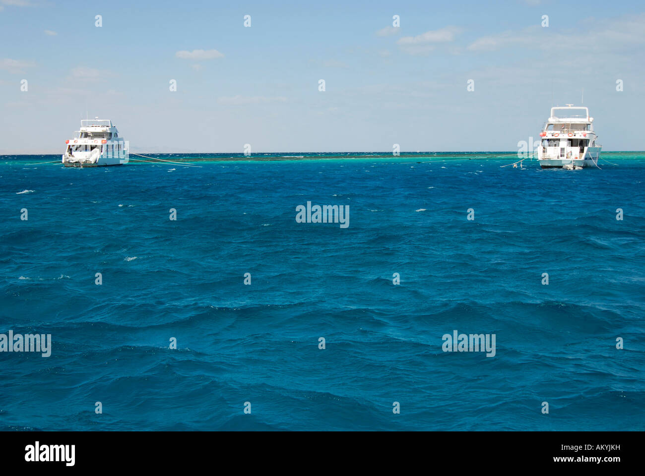 La balneazione resort Hurghada presso il Mar Rosso. Yachts ancoraggio sul reef del corral. Essi hanno portato i subacquei al reef, Hurghada, Egitto Foto Stock