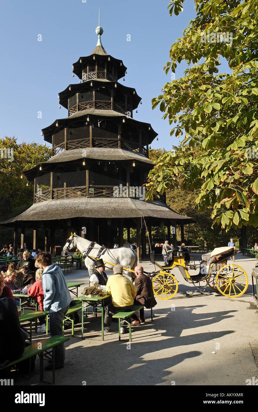 Giardino della birra, Chinesischer Turm, torre cinese, Englischer Garten Giardino Inglese, Monaco di Baviera, Germania Foto Stock