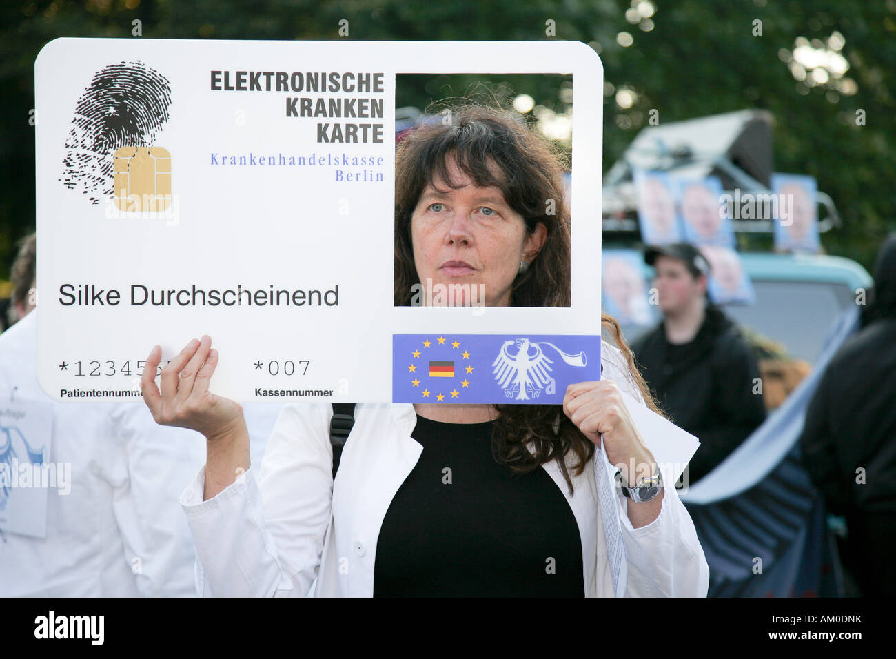Medico dimostrando contro l' attuazione della scheda elettronica di fondi sanitari, 22.09.2007, Berlino, Germania Foto Stock