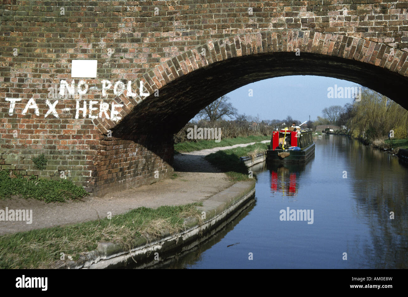 'Nessun sondaggio fiscale " graffiti politico sul canal bridge, Regno Unito. Foto Stock