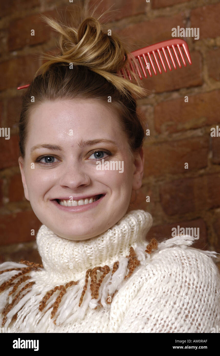 Dolcevita roll collo jumper maglione di lana pullover donna fino fare pettine girocollo sorriso Foto Stock