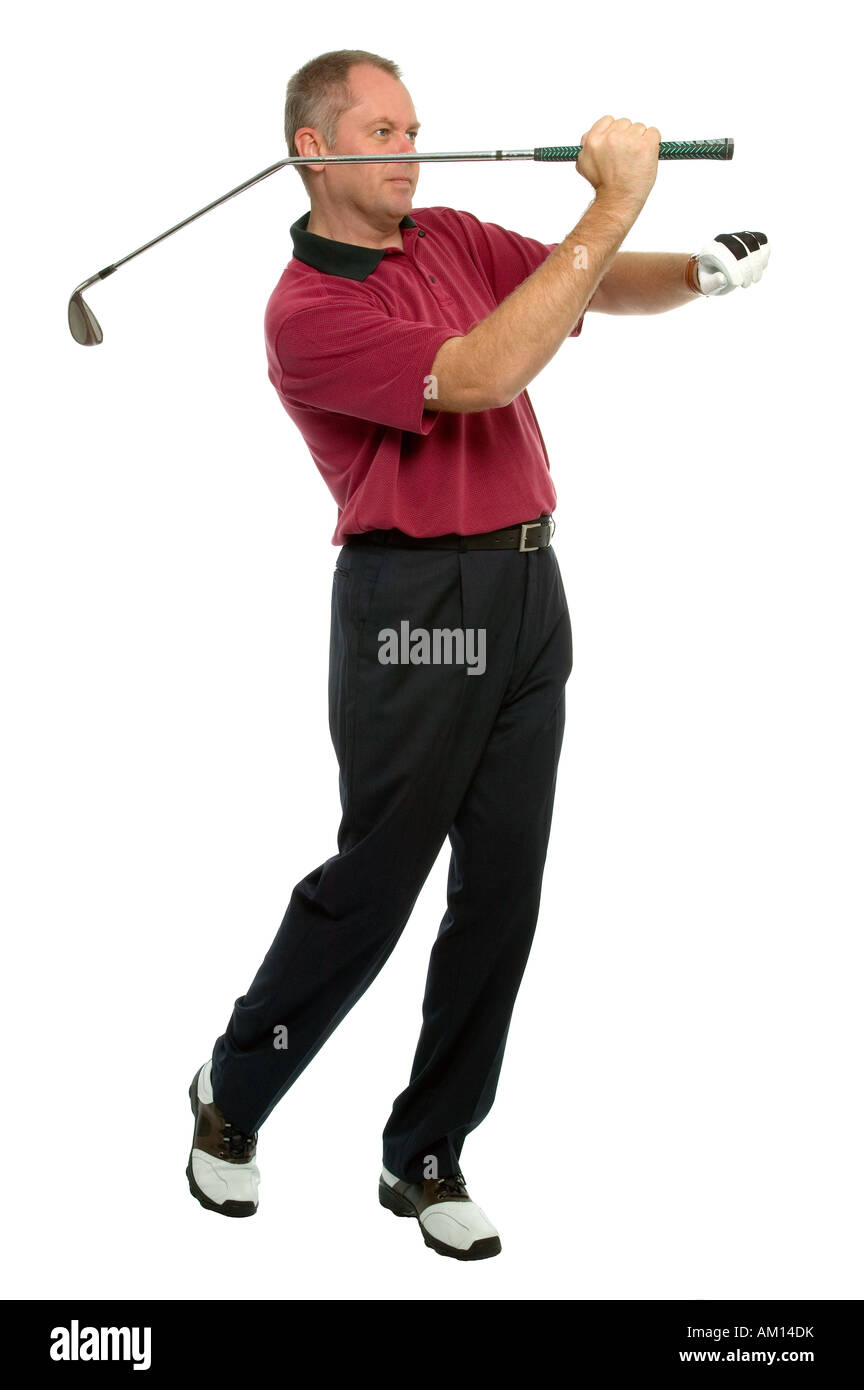 Il Golfer in procinto di lanciare una rotta golf club Foto Stock