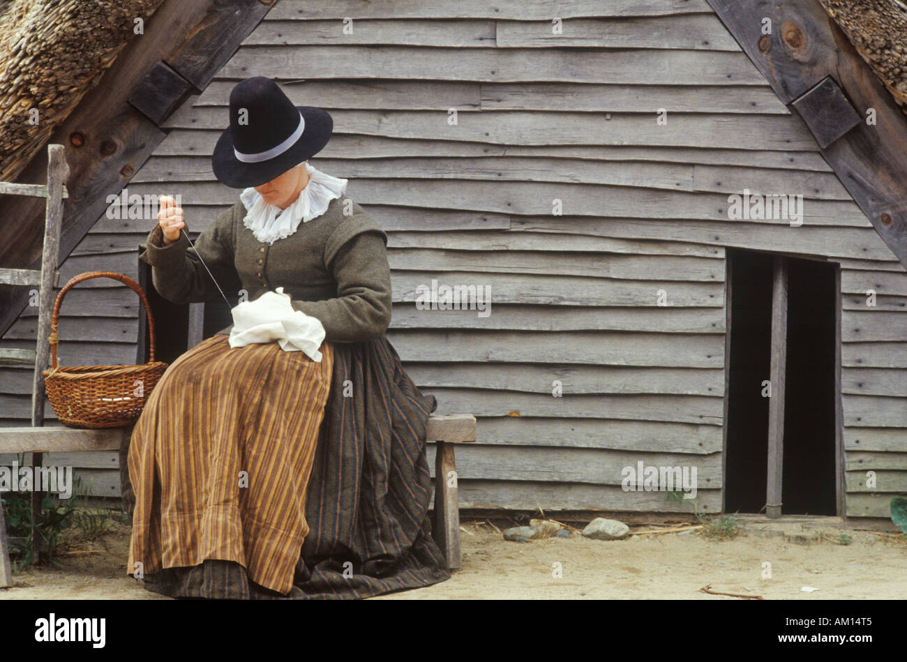 Storia viva rievocazione storica di pellegrini sulla piantagione di Plymouth Plymouth Massachusetts Foto Stock