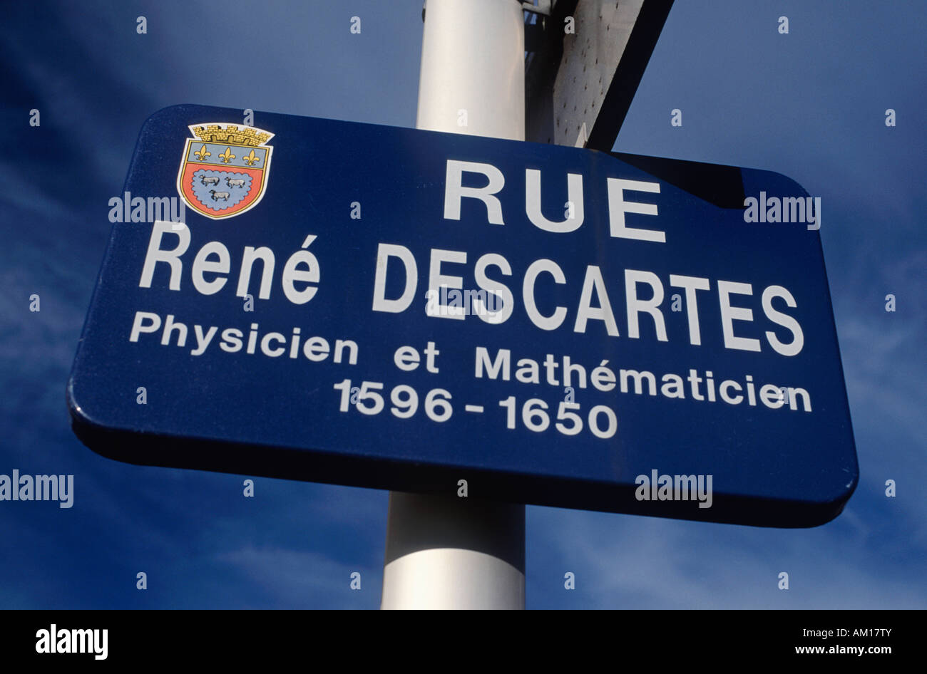 Strada segno commemorativo Rene Descartes, filosofo e matematico, Bourges, Cher, Francia, Europa Foto Stock