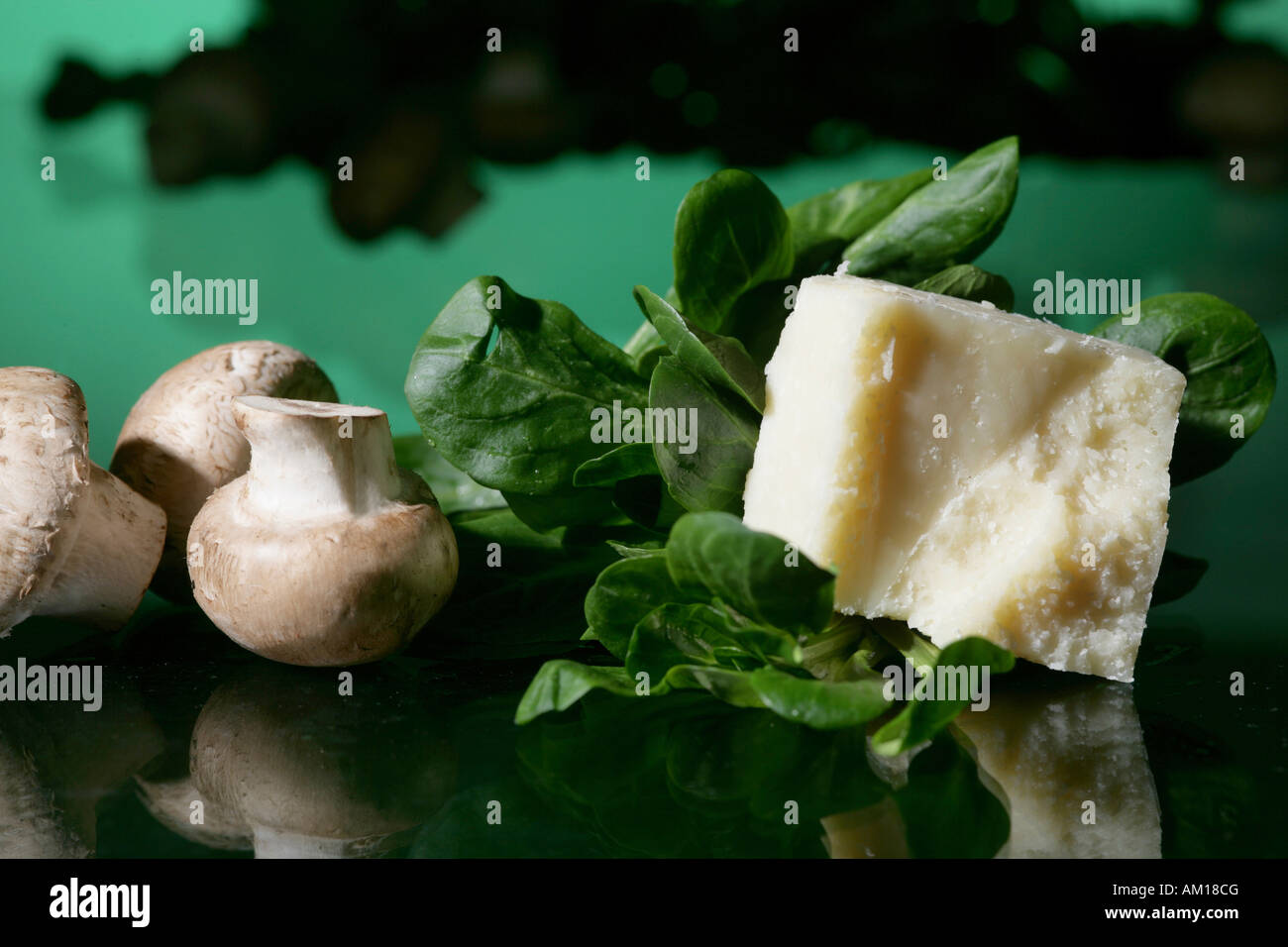 Funghi con parmigiano e la valeriana Foto Stock
