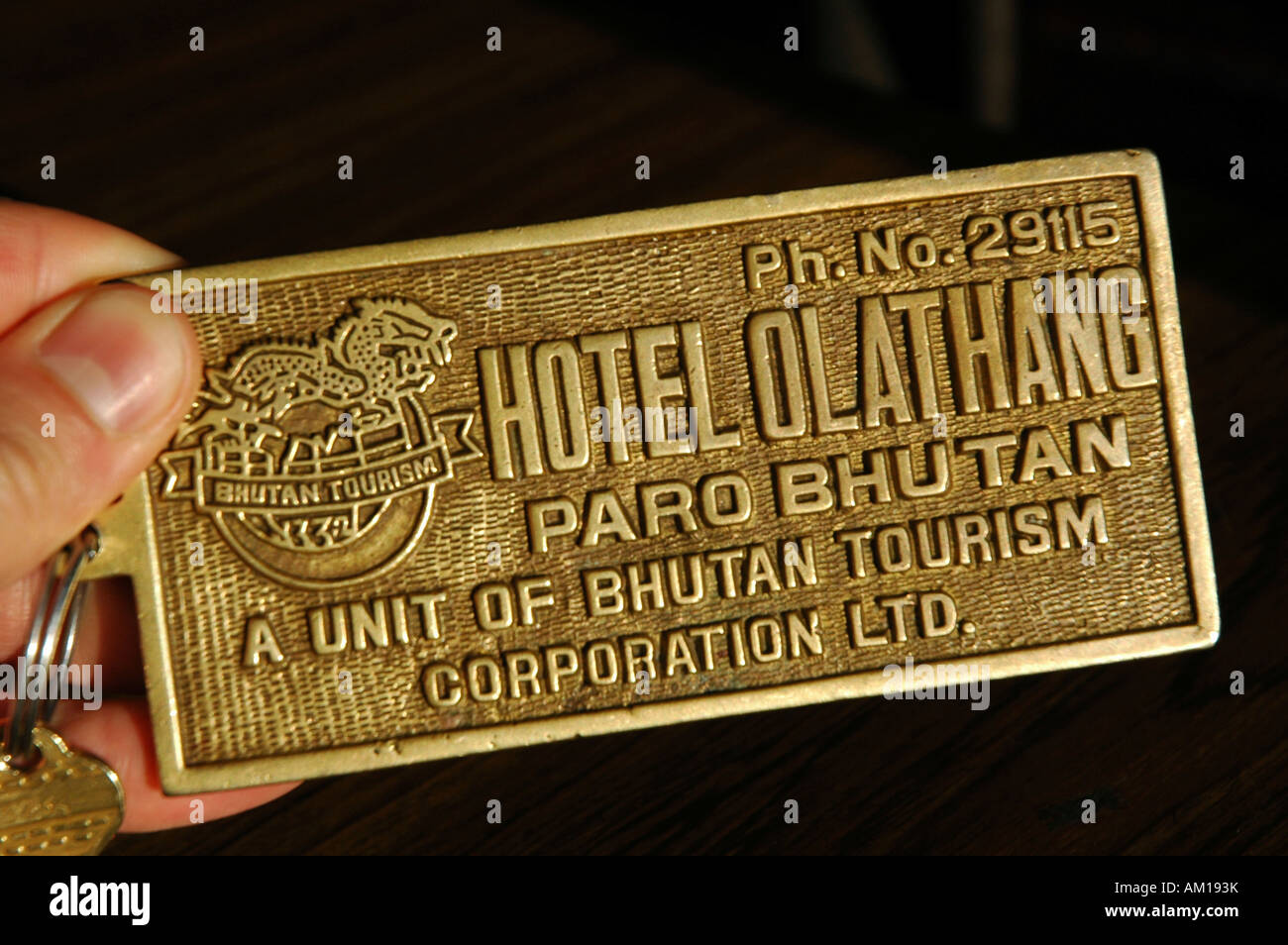 La chiave della camera, Hotel Olathang, Paro, Bhutan Foto Stock