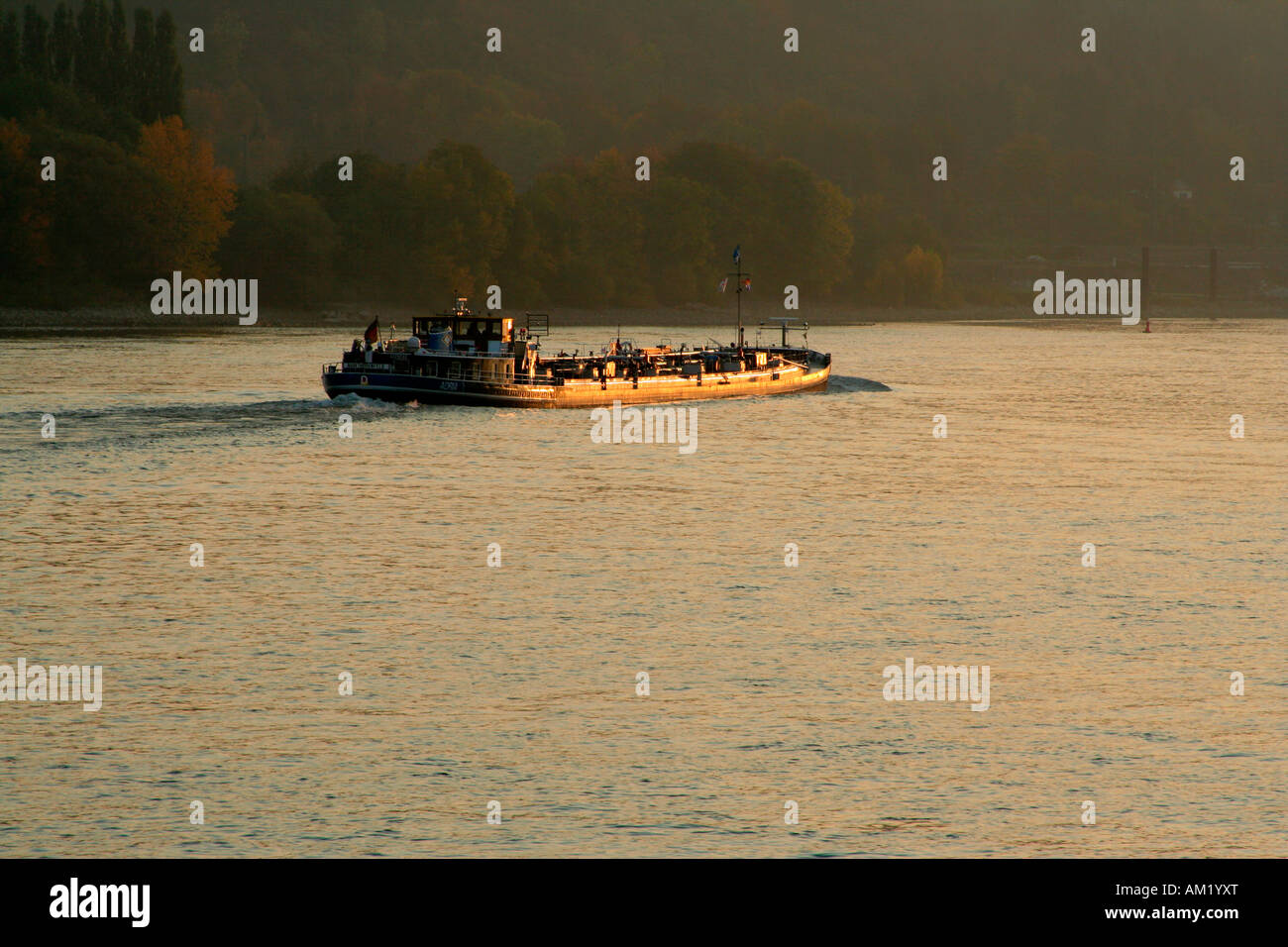 Cargo barca sul fiume Reno in inizio di mattina di sole vicino a Remagen Renania Palatinato Germania Europa Foto Stock
