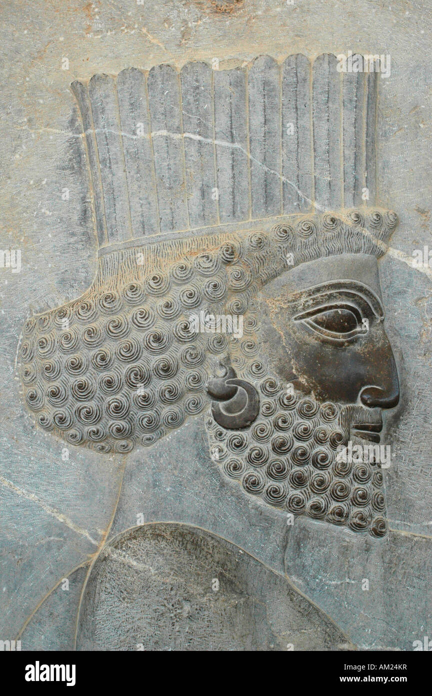 Persiano guerriero immortale sollievo nella sala dell'udienza al palazzo Xerxes PERSEPOLIS Iran Foto Stock