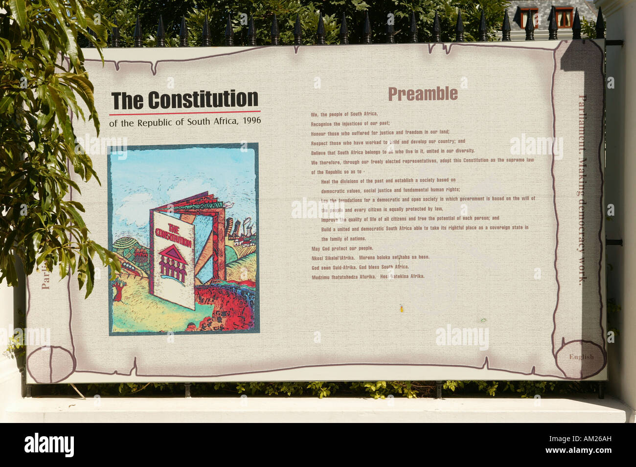 I diritti fondamentali del Sud Africa in Afrikaans davanti al Parlamento, Cape Town, Sud Africa Foto Stock