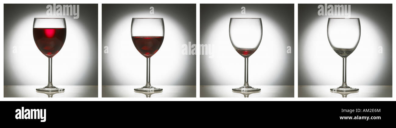 Quattro foto sequenza di bicchiere di vino rosso da pieno a vuoto Foto Stock