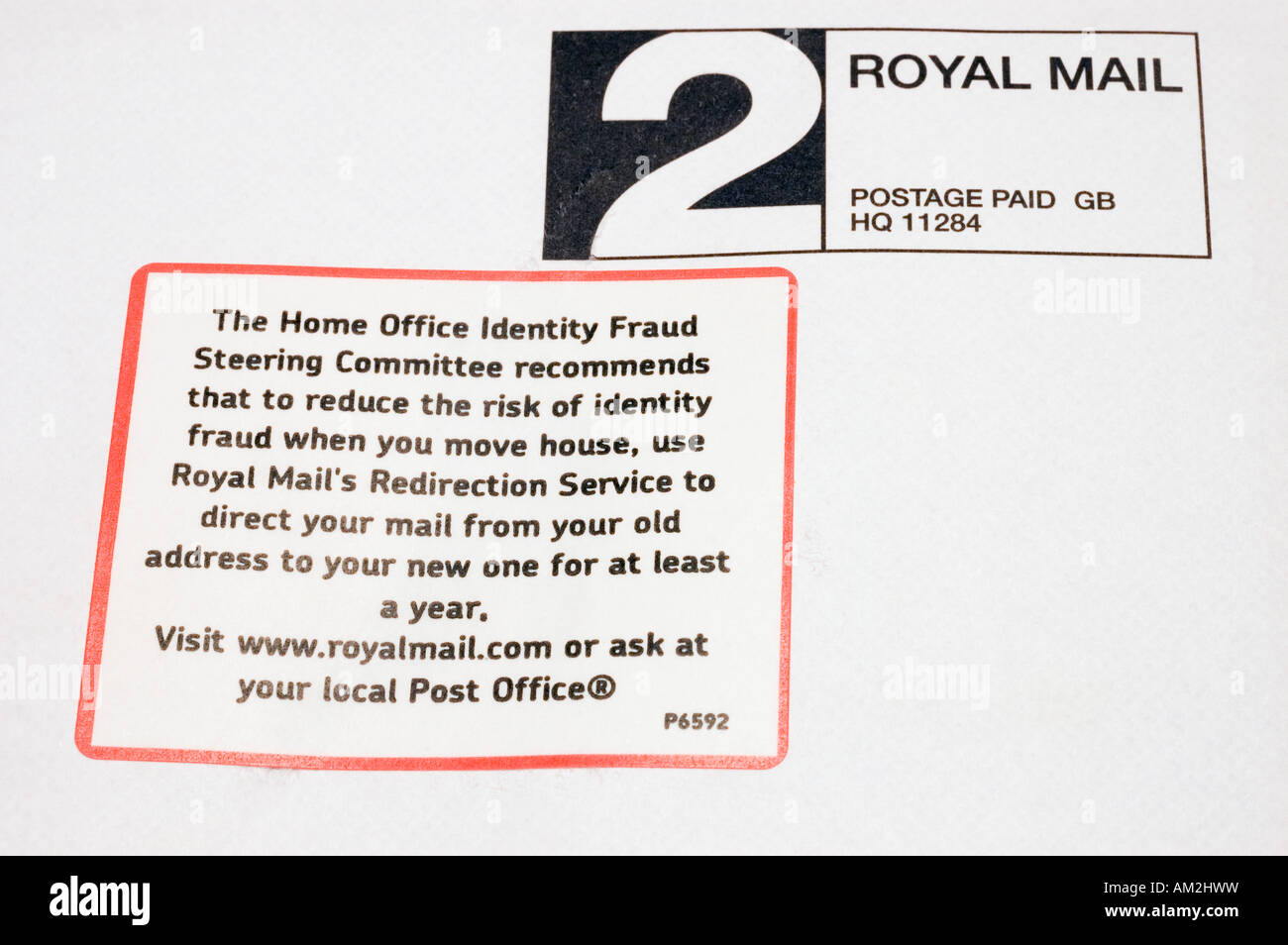 Frodi di identità adesivo utilizzato da Royal Mail per avvisare i clienti di furto di identità Foto Stock