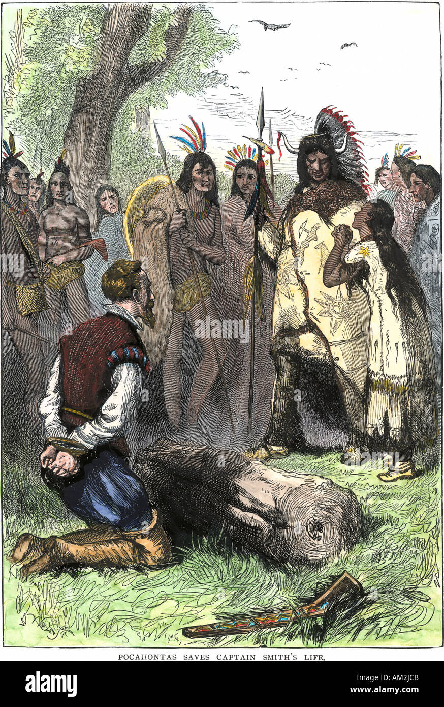 Pocahontas appelli a Powhatan di ricambio John Smith in Virginia Colony 1600s. Colorate a mano la xilografia Foto Stock
