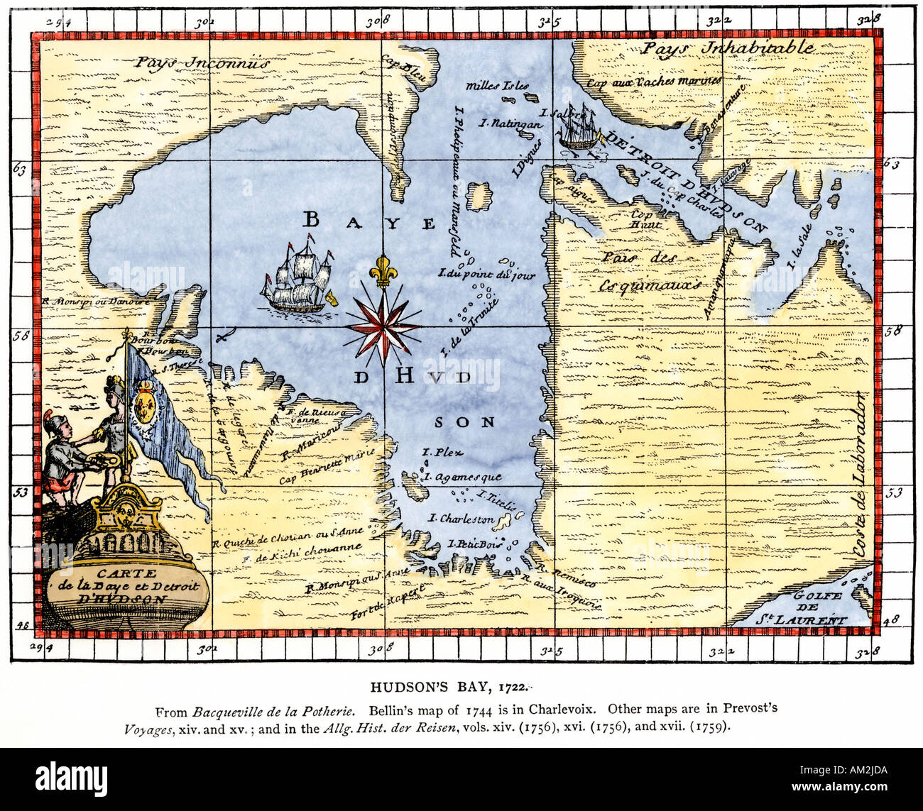 Mappa francese della Baia di Hudson e dello stretto di Hudson in Canada 1722. Colorate a mano la xilografia Foto Stock
