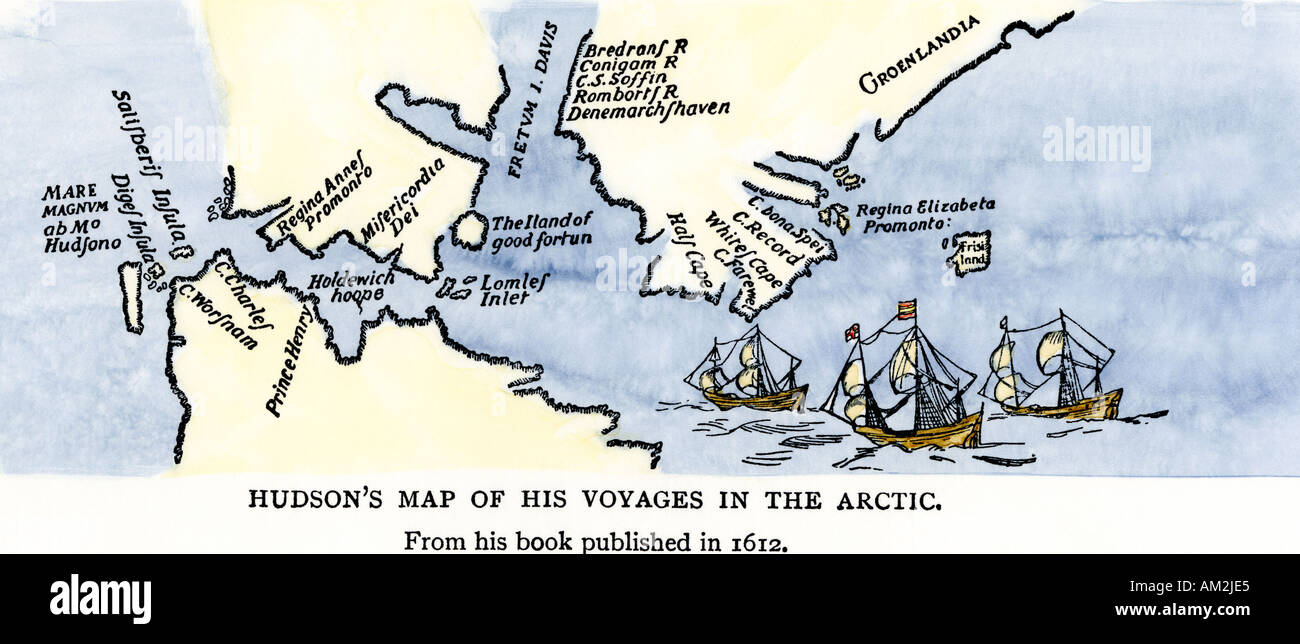 Mappa di Henry Hudson viaggi nell'Artico pubblicato nel 1612. Colorate a mano la xilografia Foto Stock