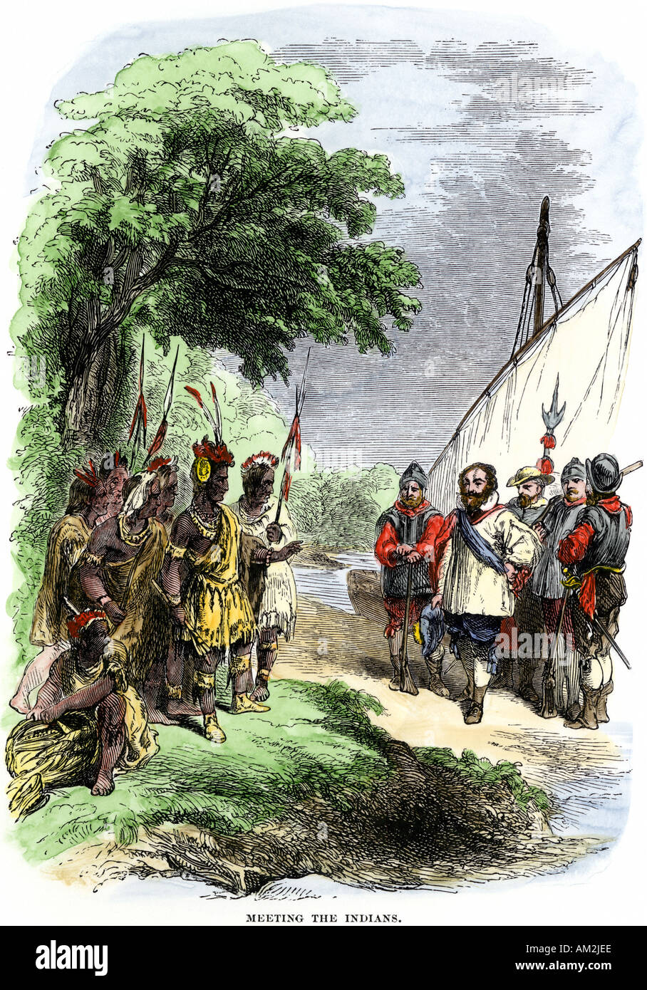 John Smith incontro i nativi americani in Virginia Colony 1600s. Colorate a mano la xilografia Foto Stock