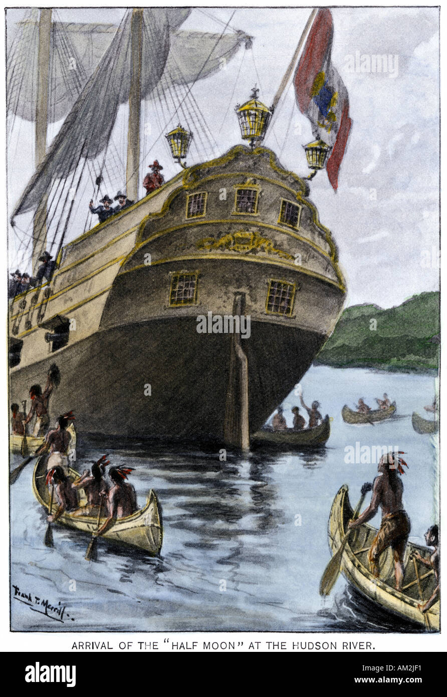 Henry Hudson nave Half Moon arrivando a Manhattan Island 1609. Colorate a mano di mezzitoni una illustrazione Foto Stock