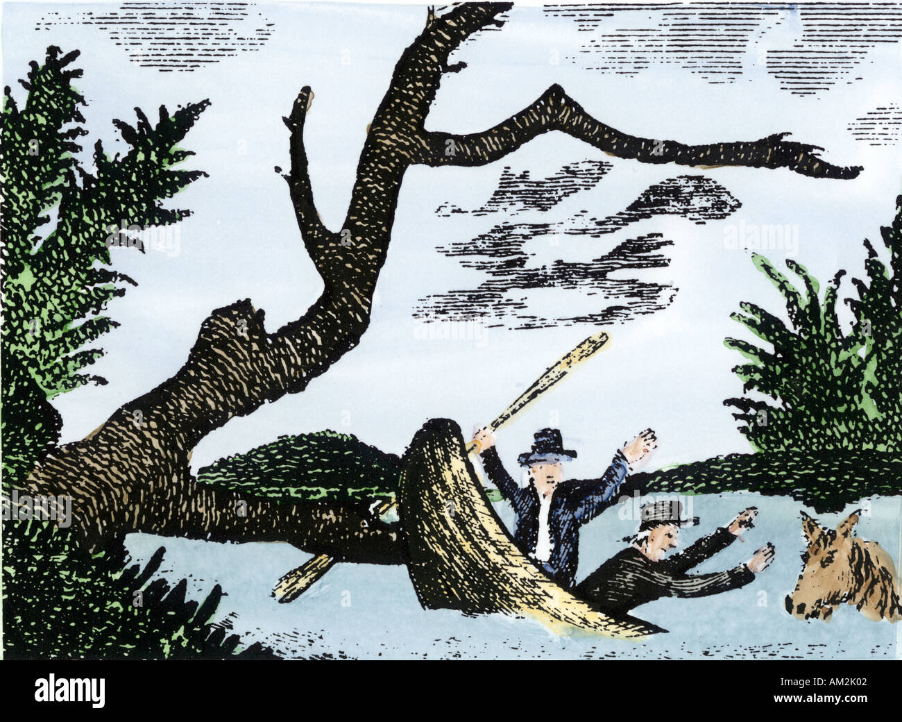 Meriwether Lewis e William Clark expedition note e esemplari perso in canoa incidente sulla parte superiore del Fiume Missouri. Colorate a mano Patrick Goss xilografia Foto Stock