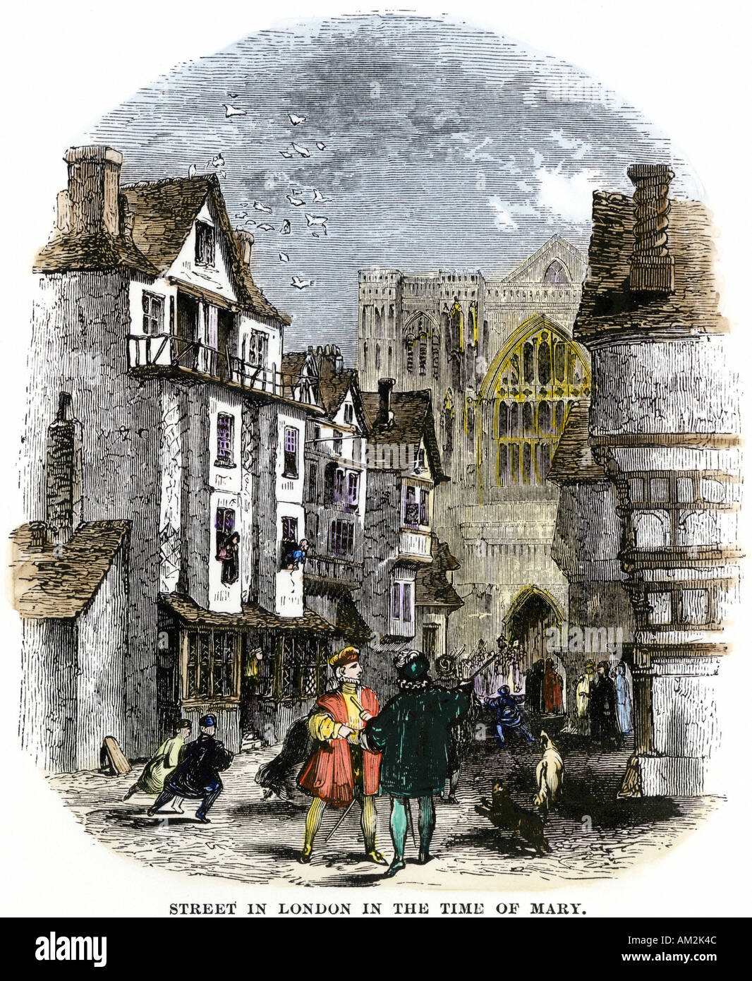 Street a Londra sotto Maria Tudor primi 1500s. Colorate a mano la xilografia Foto Stock