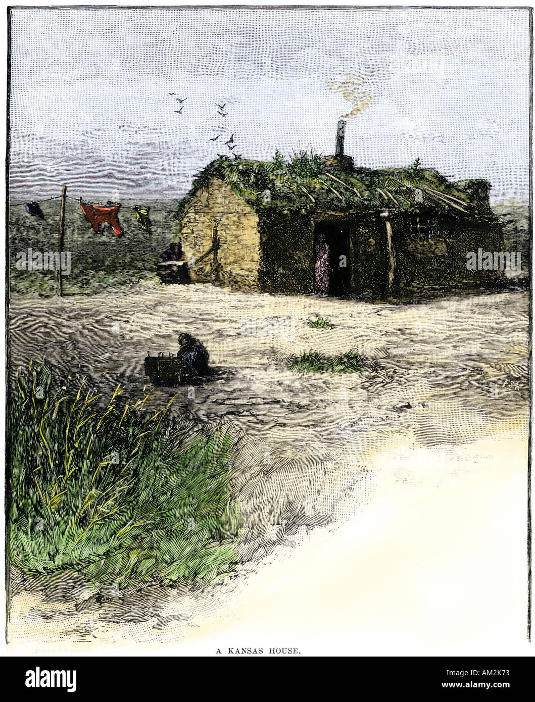 Pioneer famiglia casa sod sulla Kansas Great Plains 1800s. Colorate a mano la xilografia Foto Stock
